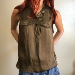 H&M Olive Green Satin Sleeveless Button Up Blouse